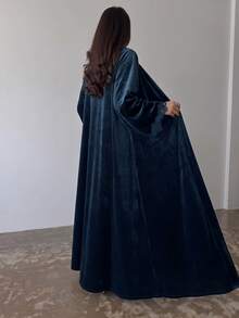 Al Najma Women Fall Winter Warm Navy Blue Velvet Lace Trim Open Front Long Sleeve Loose Long Abaya Kaftan For Home Visiting Gathering - Blue - View 3