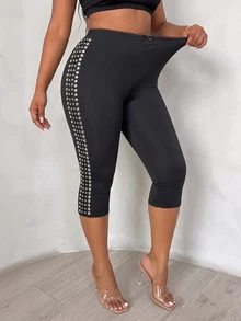 SHEIN SXY 黑色高彈性針織高腰金屬裝飾修身七分緊身褲 - 黑色 - 查看 3