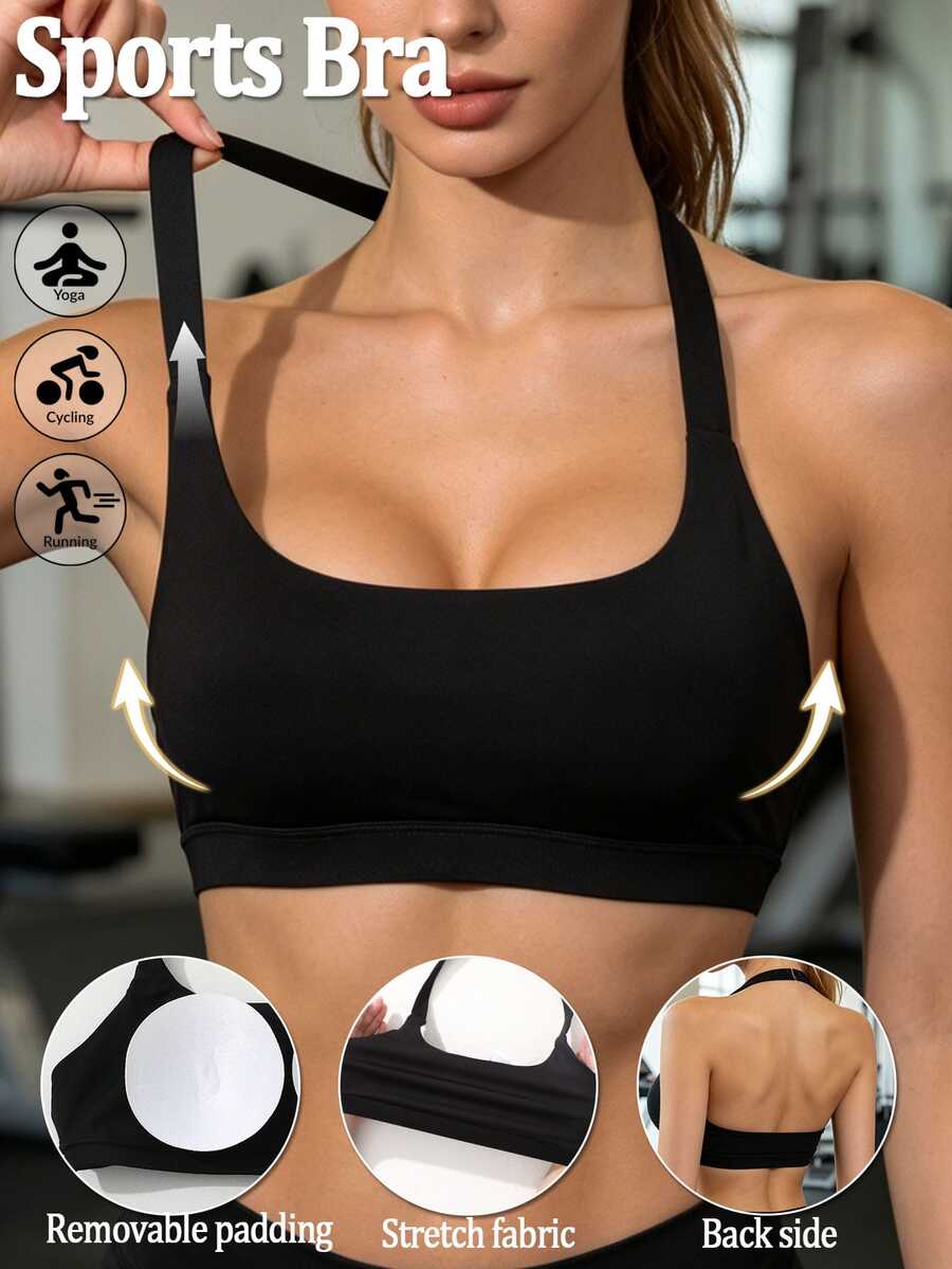 SHEIN 1 قطعة حمالة صدر رياضية نسائية بلون موحد برقبة معلقة للاستخدام اليومي واللياقة البدنية - الأسود - مشاهدة 1