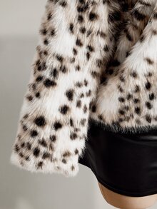 SHEIN ICON Plus Size Women's Leopard Print Casual Versatile Faux Fur Coat - Black and White - View 8