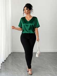 Elenzga Plus Size Elegant Glossy Minimalist V-Neck Satin Top For Women, Casual Business Summer - Dark Green - View 4