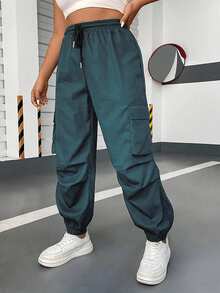 POPSWAY Plus Size Women's Drawstring Waist Ruched Cuffed Casual Cargo Pants - Teal Blue - View 1
