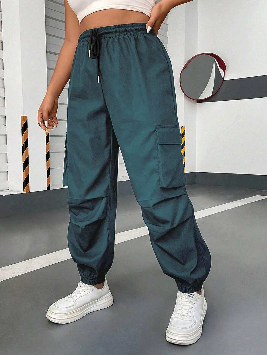 POPSWAY Plus Size Women's Drawstring Waist Ruched Cuffed Casual Cargo Pants - Teal Blue - View 1