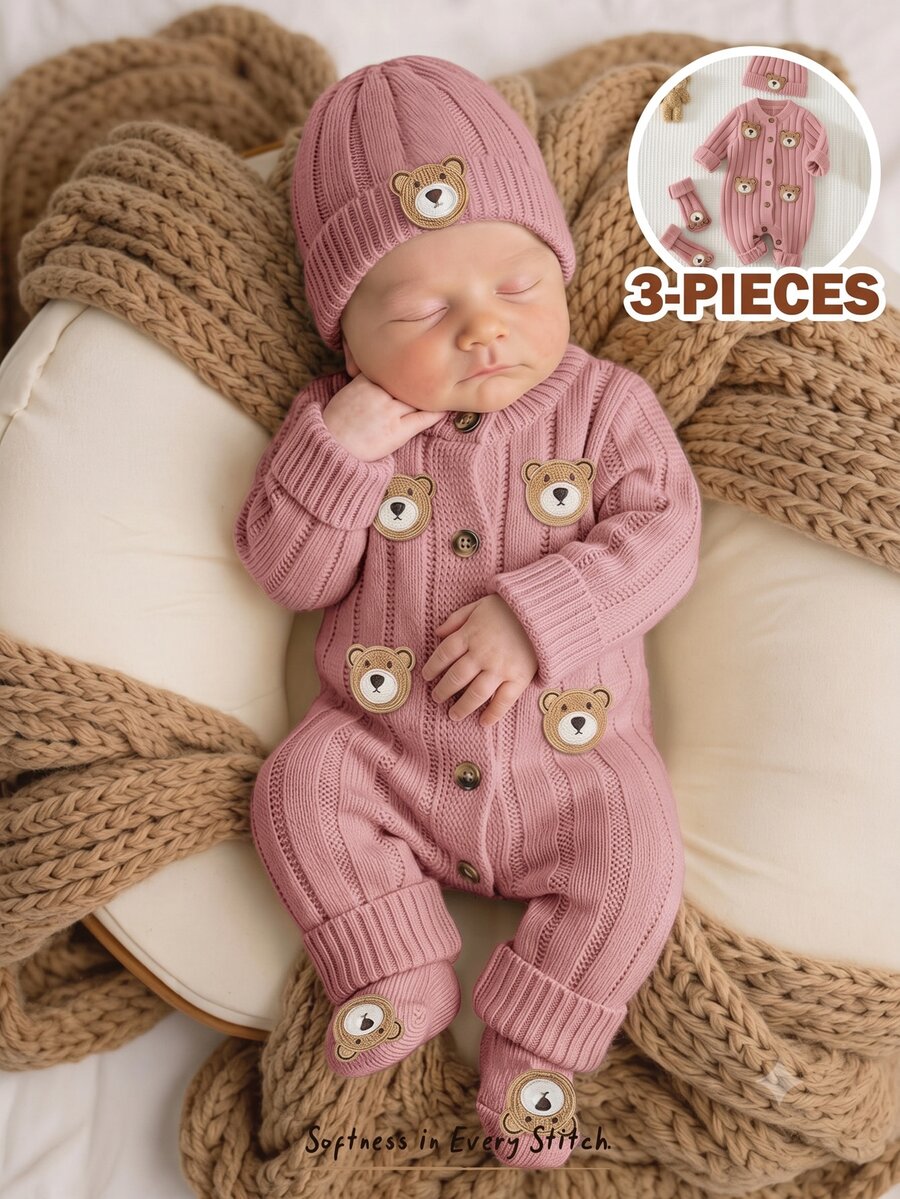 Cozy Pixies 新生兒男嬰女嬰通用卡通熊圖案可愛秋冬多功能針織連身衣3件套(含鞋襪與帽子),適合秋冬穿著 - 粉色 - 查看 1