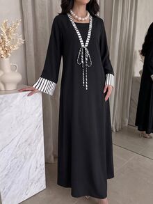 Al Najma Spring/Autumn Casual 2 Pieces Striped Patchwork Tie-Waist Long Sleeve Loose Slimming Elegant Women's Long Robe Dress For Daily Wear - Black - View 7