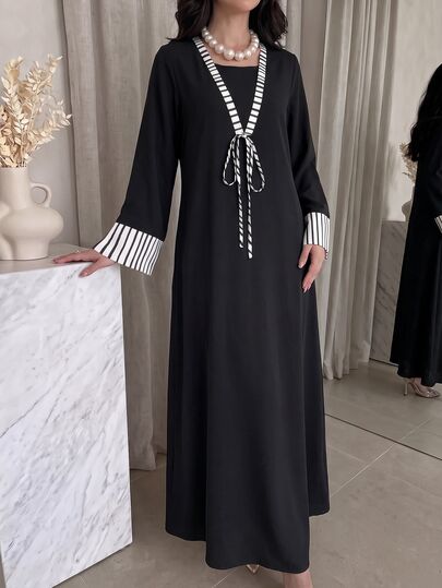 Al Najma Frühling/Herbst Lässig 2-teiliges gestreiftes Patchwork Bindegürtel Langarm locker schlankmachend elegantes Damenlanges Morgenmantel Kleid für den täglichen Gebrauch