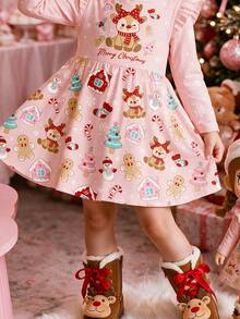 Kids Young Girl Reindeer Christmas Pattern Print Ruffle Hem Dress Creative Gift - Multicolor - View 8