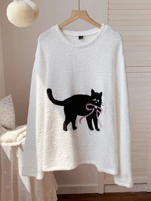 Comfortcana Women's Cartoon Cat Print Crew Neck Long Sleeve Casual T-Shirt - White - View 7