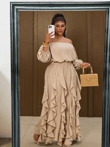 Maweii Plus Size Minimalist One Shoulder Top And Ruffle Trim Long Pants 2 Pieces Set - Khaki - View 3