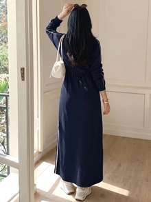 Solavon فستان عربي كاجوال للنساء بأكمام راجلان طويلة وخصر برباط وسحاب أمامي - أزرق بحري - مشاهدة 2