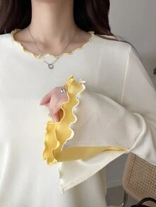 FRIFUL 女款波浪荷葉邊條紋拼接寬鬆短袖T恤，夏季休閒外出上衣 - 白色 - 查看 4