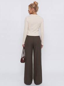 Avantive Women's Solid Color Asymmetric Button Placket Pocket Casual Suit Pants - Rust Brown - View 8