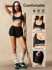 VARSIVA Women's Colorblock Ruched Bra And Double Layer Shorts Sports Set - Black - View 11