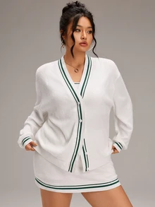 EMERY ROSE Plus Size Contrast Color Wide Strap Tank Top & Bodycon Mini Skirt & Knit Cardigan, Suitable For Sports Wear - White - View 4