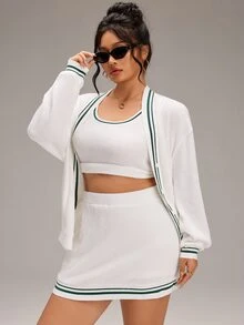 EMERY ROSE Plus Size Contrast Color Wide Strap Tank Top & Bodycon Mini Skirt & Knit Cardigan, Suitable For Sports Wear - White - View 5