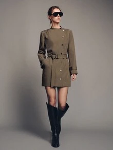 MOTF PREMIUM Gaun Pendek Trench Coat Berikat Gaya Urban, Musim Gugur/Dingin - Unta - View 4