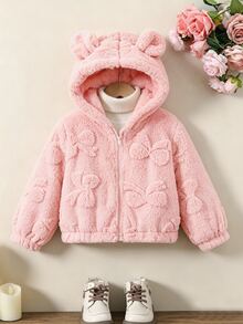 SHEIN Playful Pals 女童可愛加厚抓絨連帽外套 1件裝，粉色蝴蝶結雙面抓絨布料搭配熊耳裝飾，長袖拉鍊夾克，柔軟舒適，甜美可愛，適合女童日常上學、外出、度假、派對，秋冬返校穿著 - 粉色 - 查看 4