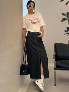 DAZY Distressed Washed Faded Long Slit Pocket Denim Skirt For Women - Blue - View 6