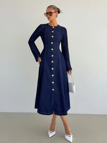 Siren Gaze Gaun Denim Elegan Wanita Lengan Panjang Leher Bulat dengan Kancing Logam Tunggal - Biru - View 4