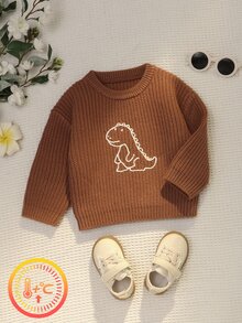 SHEIN 嬰兒幼兒圓領針織毛衣，卡通恐龍刺繡寬鬆套頭上衣，柔軟舒適休閒針織開襟衫，適合男孩女孩，復古焦糖色百搭外套與內搭毛衣 - 卡其色 - 查看 6