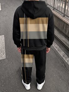秋冬復古條紋印花，青少年男孩休閒極簡長袖連帽衛衣舒適運動衫 2件套，適合秋冬穿著 - 彩色 - 查看 5