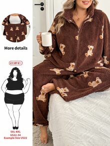 SHEIN CURVE+ Plus Size Thick Fleece Autumn/Winter 2 Pieces Set Long Pants + Cardigan - Multicolor - View 1