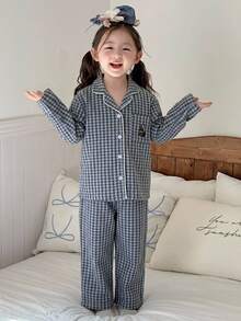Dazy Kids 女童秋季小格紋刺繡長袖居家休閒套裝（褲裝套裝） - 藍白色 - 查看 7