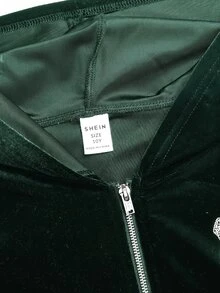 SHEIN 青少年女孩秋冬休閒時尚天鵝絨蝴蝶結水鑽連帽拉鍊運動衫與修身喇叭褲兩件套 - 綠色 - 查看 6