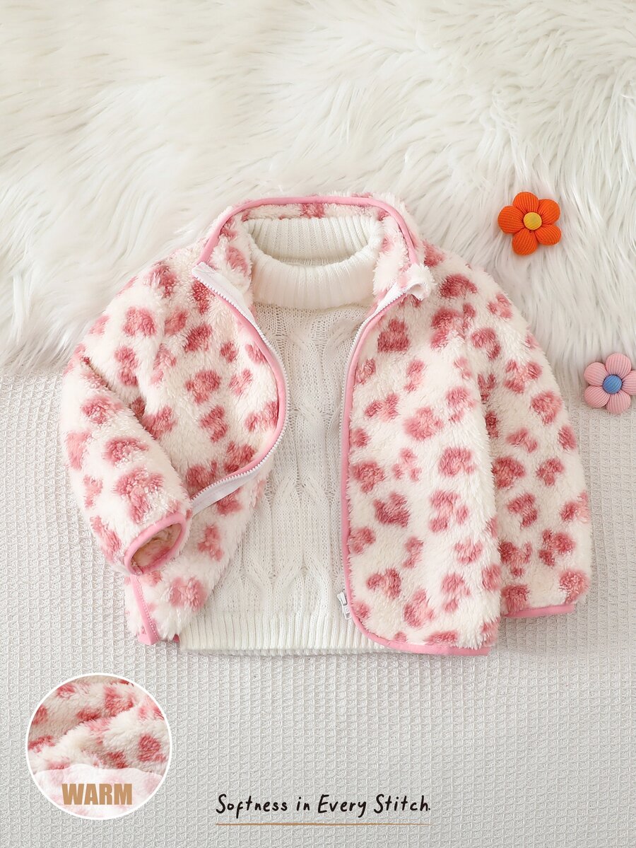 Cozy Pixies 女嬰花卉印花抓絨內裡圓領長袖夾克,百搭舒適秋冬女童外套 - 淺粉色 - 查看 1
