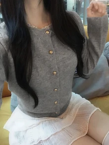 DAZY Women's Patchwork Contrast Color Ruffled Collar Fitted Long Sleeve Metal Button Casual Vacation Korean Style Autumn/Winter Knit Cardigan - Grey - View 4