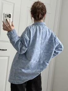 FRIFUL Women's Single-Breasted All-Over Print Casual Daily Denim Top - Blue - View 2