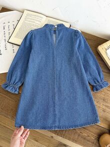 SHEIN 女童秋冬時尚優雅派對珍珠裝飾蝴蝶結牛仔洋裝，適合兒童女孩日常穿搭，幼兒聖誕與生日派對套裝 - 藍色 - 查看 3