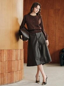 Anewsta Autumn 2 In 1 Knit Cardigan Top - Coffee Brown - View 7