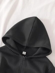 SHEIN 女童休閒連帽拉鍊運動衫與運動上衣，附袋鼠口袋、長袖羅紋袖口，寬鬆舒適版型，柔軟親膚面料，休閒貼身輪廓，適合日常外出、購物、通勤，極簡純色百搭 - 深灰色 - 查看 3