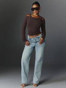 NYA SZN Project NYA Top Long Sleeve Layered Cold Shoulder Everyday Luxury Club Rave Classic Sexy Basic Chic Casual Festival Going Out Brown Neutral Fall Winter - Coffee Brown - View 7