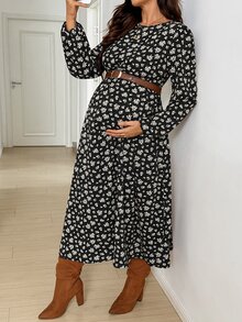 SHEIN 孕婦休閒舒適時尚碎花荷葉邊下擺洋裝 - 黑色 - 查看 6