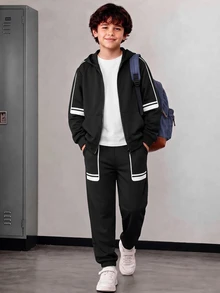 SHEIN 青少年秋季休閒寬鬆連帽拉鍊數位印花字母夾克，側邊對比色收口運動長褲，運動風兩件套，黑色 - 彩色 - 查看 3