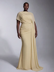 Elitara Plus Size Elegant Romantic Pale Yellow Asymmetrical Layered Design Pleated Flounce Fitted Mermaid Hem Dress For Evening Party Date Ball Vacation Wedding Event Bridesmaid Gown - Yellow - View 2