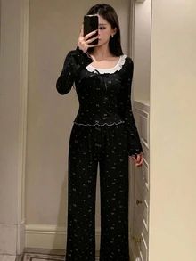 DAZY Women's 2-Piece Pajama Set With Bow Print, Frill Trim, Slim Fit Long Sleeve Top And Long Pants - Black - View 5