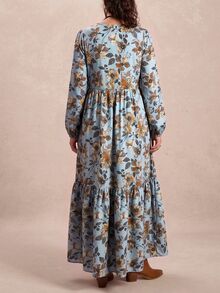 Freevana 大尺碼女款花卉印花V領長袖荷葉邊優雅洋裝 - 彩色 - 查看 2
