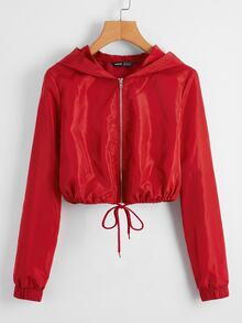 SHEIN EZwear 秋冬款連帽防風夾克外套，拉鍊開襟、抽繩下擺 - 紅色 - 查看 1