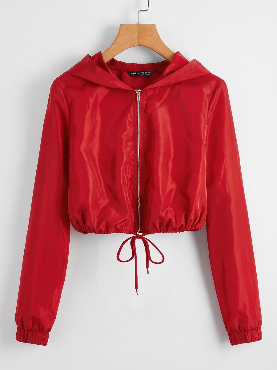 SHEIN EZwear 秋冬款連帽防風夾克外套,拉鍊開襟、抽繩下擺 - 紅色 - 查看 1