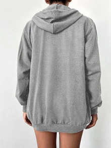 EURMUSE Plus Size 100%Cotton Solid Zip Up Drawstring Hoodie - Light Grey - View 2