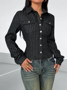 StreetHx Atasan Denim Kasual Bergaris untuk Wanita, Cocok untuk Sehari-hari - Hitam - View 4