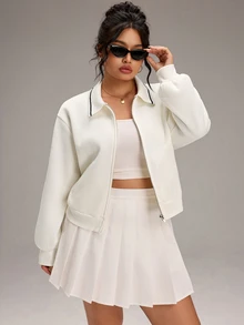 EMERY ROSE Plus Size Women's Colorblock Long Sleeve Zipper Front Casual Jacket - White - View 3