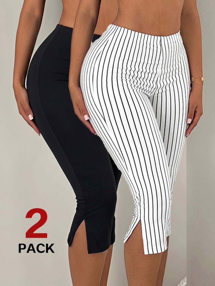 SHEIN SXY 2pcs Black & White Minimalist 3/4 Length Pants - Multicolor - View 1
