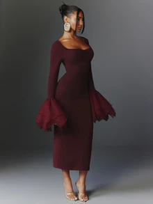 NYA SZN Dress Midi Scoop Neck Long Sleeve Mesh Church Holiday Festival Special Occasion Everyday Casual Work Concert Going Out Club Party Maroon Fall Winter - Purple - View 5