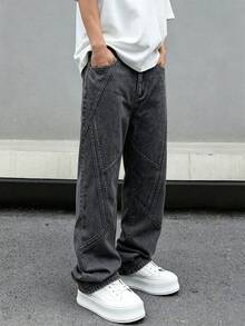 Manfinity EMRG Men's Solid Color Fashion Casual Wide Leg Jeans - Dark Grey - View 5