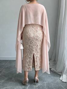 Elenzga Women's Plus Size Luxury Elegant Dress, Embossed Jacquard Bodycon Skirt With Flowy Tulle Cape Set - Pink - View 2
