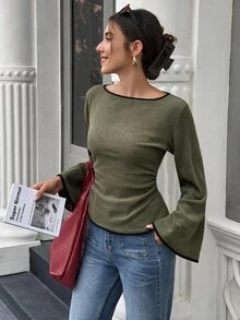 Selianne 女款修身對比飾邊針織上衣，寬領口，落肩設計，喇叭袖，抽褶腰部，秋冬早午餐休閒橄欖綠 - 軍綠色 - 查看 5